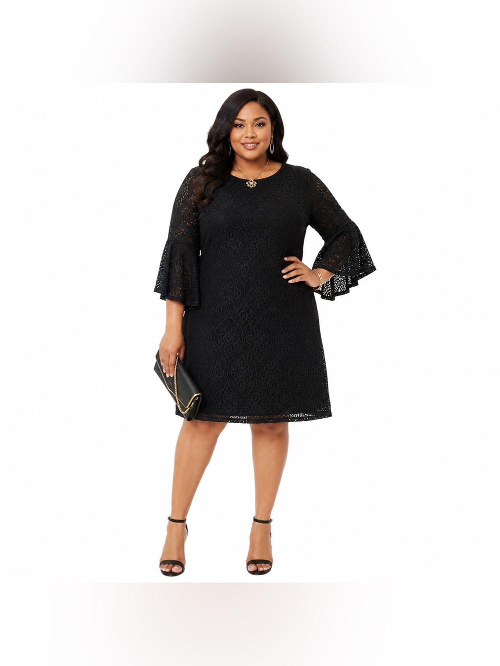 Emma & Michele Black Lace Bell Sleeve Knee Length Shift Dress Size 2X